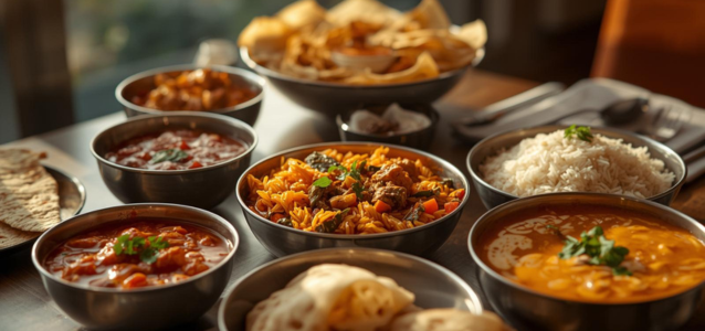 Family night Indian food order with curry biryani naan and rice at Sariska Alderley Edge
